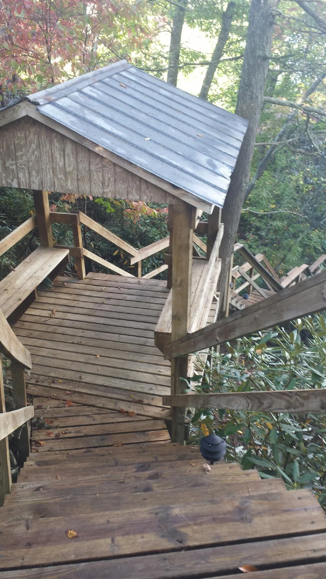Metal roofed shelter over wooden steps on a wooded walkway — Skylight Repair & Installation work by our crew in Denham Springs